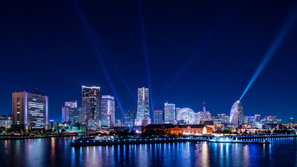Yokohama Minato-Mirai area nightscape with laser show.