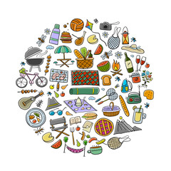 Picnic day. Outdoor relax design elements - Basket, drinks, food, game, sport. Circle frame. Vector illustration