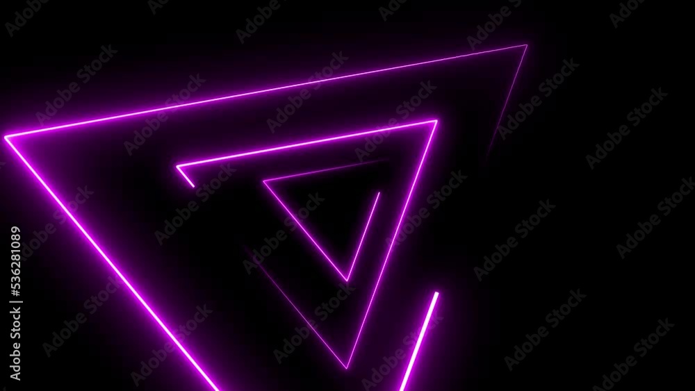 Poster abstract animation with purple neon triangles. space travel seamless loop of animated glowing triang