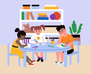 Children drawing pictures in the nursery. Kids drawing at home.  Art lesson. Boys and girls in the kindergarten. Flat vector illustration. School.
