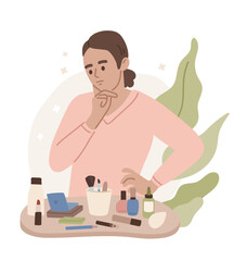 Pretty girl choosing cosmetics for her make-up. Lipstick, mascara, foundation. Beauty blogger. Portrait of a woman. Makeup. Cosmetology. Cosmetics. Flat vector illustration.