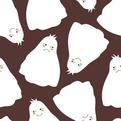 Cute white ghosts hand drawn vector illustration. Spooky seamless pattern for kids halloween decoration, fabric or wallpaper.  Funny characters in flat style for children background. 