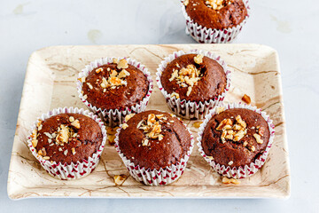 Chocolate Walnut Muffins on a Tray, Dessert Horizontal Photo