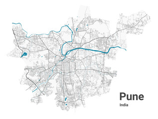 Fototapeta na wymiar Pune map. Detailed map of Pune city administrative area. Cityscape panorama illustration. Road map with highways, streets, rivers.