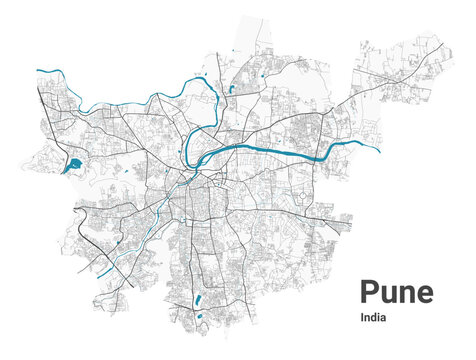 Pune map. Detailed map of Pune city administrative area. Cityscape panorama illustration. Road map with highways, streets, rivers.