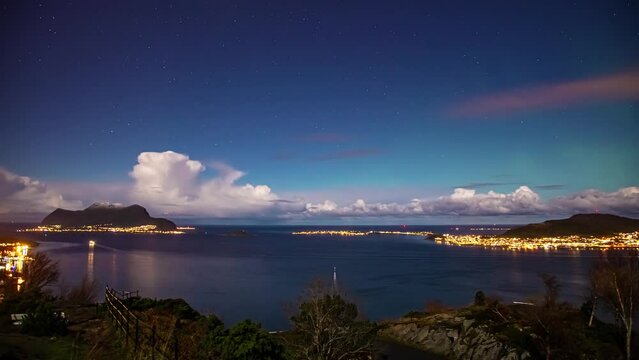Evening Sky With Stars And Clouds Over The Island Of Valderoy In Giske Municipality, Norway. timelapse