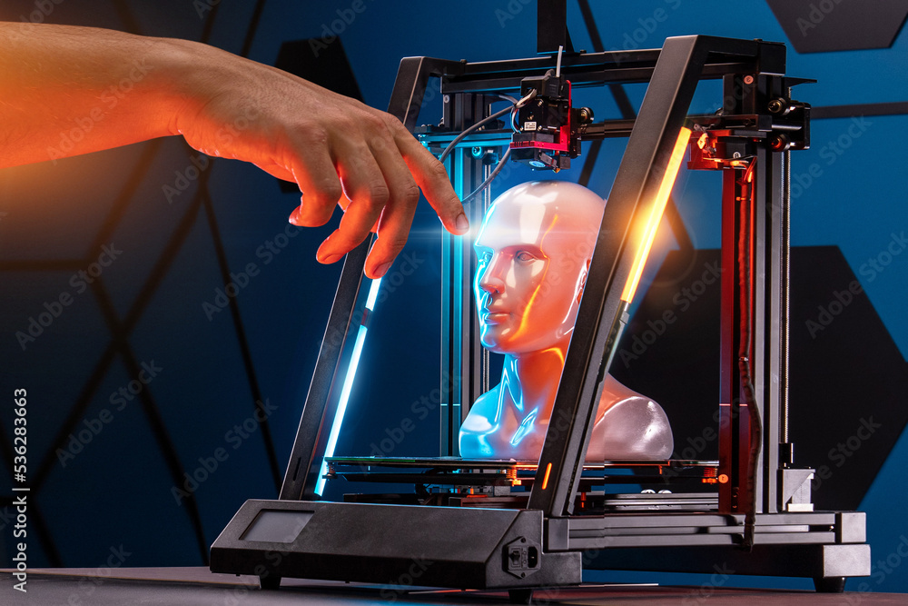 Poster 3d printing in progress. 3d printer printed a hand. a man touches the product printed on a 3d printe