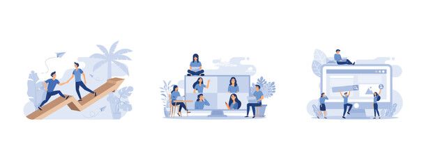 support and teamwork, Online business conference, A team of people is developing a website by filling it with functions, set flat vector modern illustration