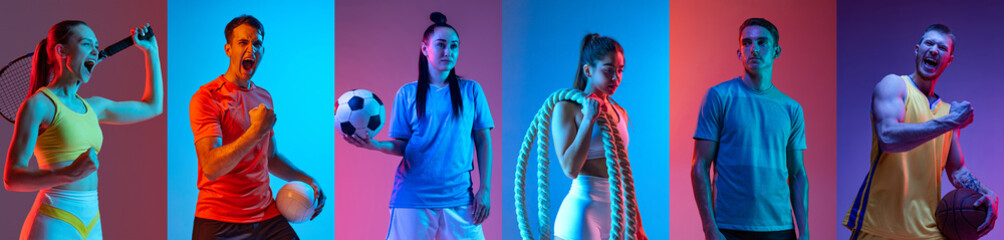 Sport collage of professional athletes posing isolated on multicolored background in neon. Tennis, volleyball, soccer, fitness, basketball.