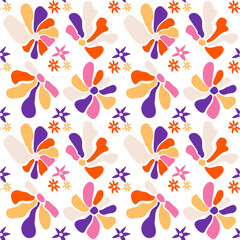 Abstract 70s groovy floral seamless pattern. Retro trippy cute flowers surface design. Psychedelic colorful vector repeating background. Vintage hippy texture