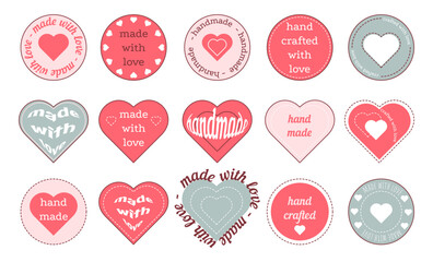 Handmade with love icons stickers emblems labels logo set. Hand made with love badges in red, pink, blue colors. Vector illustration isolated on white background