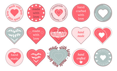 Handmade with love icons stickers emblems labels logo set. Hand made with love badges in red, pink, blue colors. Vector illustration isolated on white background