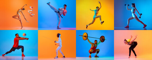 Volleyball, fencing, jumping, gymnastics, karate, fitness and weightlifting. Sport collage of professional athletes posing isolated on blue-yellow background in neon.