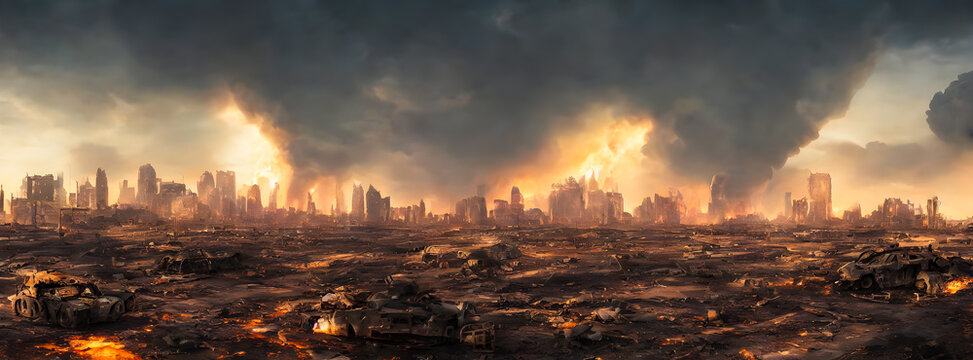 Post apocalypse. Nuclear apocalypse survivor. Ruined Cityscape. Concept. Banner size. Header