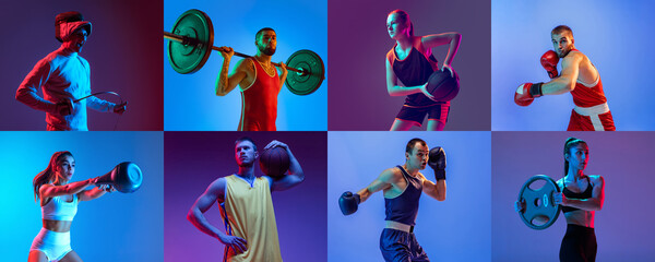 Sport collage of professional athletes posing isolated on multicolored background in neon....