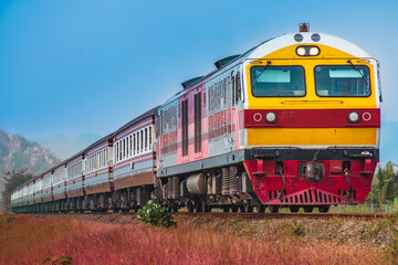 Obraz premium Passenger train by diesel locomotive at the railway station.