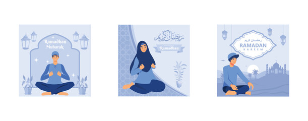 Fototapeta premium Ramadan Kareem Greeting Concept with Mosque and Stars For Web Landing Page Template, Banner, Presentation, Social, and Print Media, islamic eid fitr or adha flat design , set flat vector modern illust