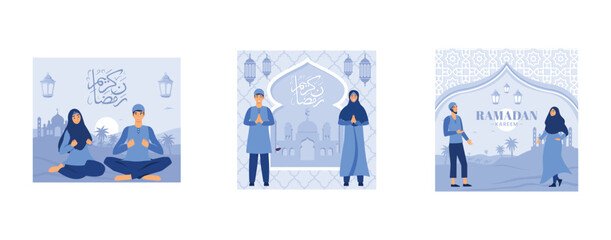 Fototapeta premium happy ramadan mubarak greeting concept, Ramadan Kareem, islamic eid fitr or adha, set flat vector modern illustration
