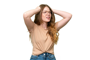 Fototapeta premium Young pretty woman over isolated background stressed overwhelmed