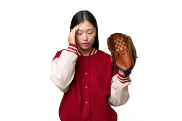 Young asian woman with baseball glove over isolated background with headache