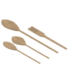 3d rendering illustration of wooden spoons and fork