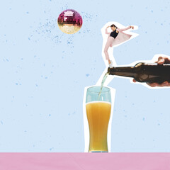 Contemporary art collage. Creative design. Stylish young woman dancing on lager foamy beer glass over disco ball