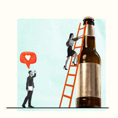 Contemporary art collage. Creative design. End of business week. Woman climbing up the beer bottle, man looking
