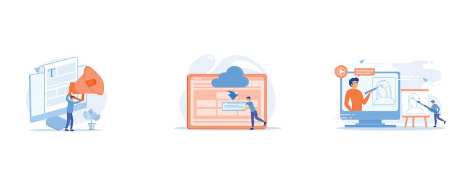 Content and mass media marketing, Cloud computing service, modern teaching tool and interactive learning concept, set flat vector modern illustration