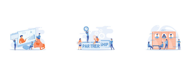 Infographics, statistics diagrams and charts visualization, Partnership and agreement, cooperation and teamwork, business partners concept, Recruitment and employment service, set flat vector modern i