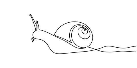 Vector illustration of a crawling garden snail in one line. The concept of a healthy diet with a high content of nutrients from the snail. © Albina
