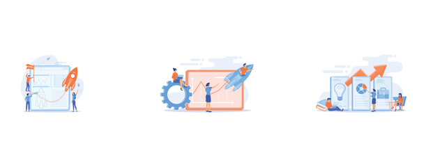 Startup new business project, Productivity, efficiency of production, qualification concept, Online education, e learning, set flat vector modern illustration