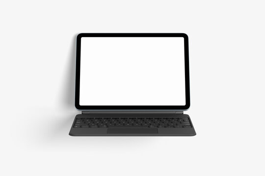 White screen laptop mockup with black keyboard on white background