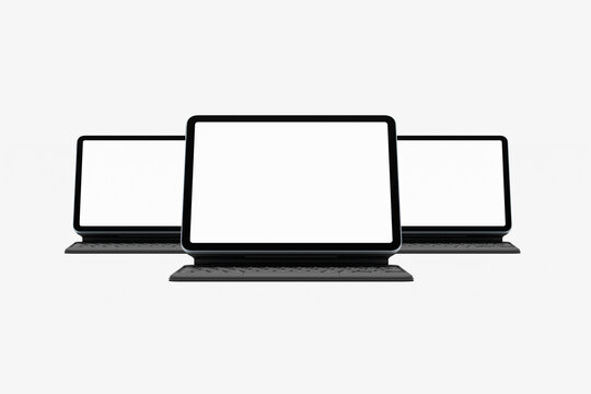 White screen laptop mockup with black keyboard on white background