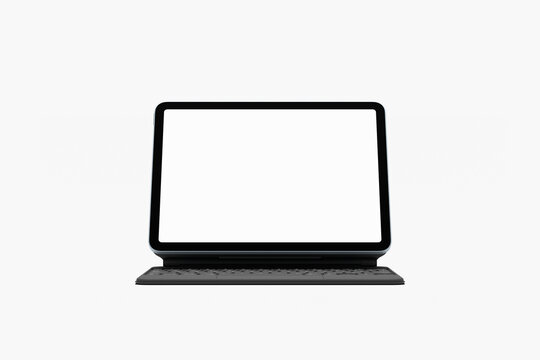 White screen laptop mockup with black keyboard on white background