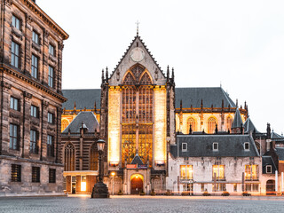 Nieuwe Kerk in Amsterdam On Dam Square Netherlands Holland Evening Night