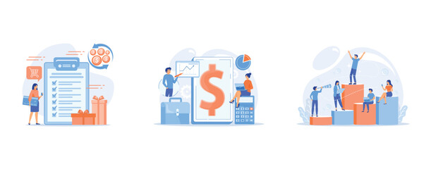 Cardholder with smartphone shopping online and getting cach rewards and checklist, Accountants work with financial transactions software and tablet, Employment hierarchy, career planning, career ladde