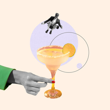 Naklejki Contemporary art collage. Creative design. Stylish young man jumping into margarita cocktail. Friday chill, party