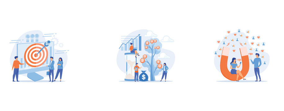 Big target, manager and employees engaged in company goals, Portfolio income, capital gains income, royalties from investments concept, Aiming at target audience, set flat vector modern illustration