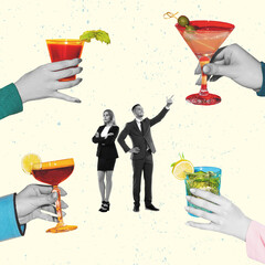 Contemporary art collage. Creative design. Business people, man and woman attending bar, drinking...