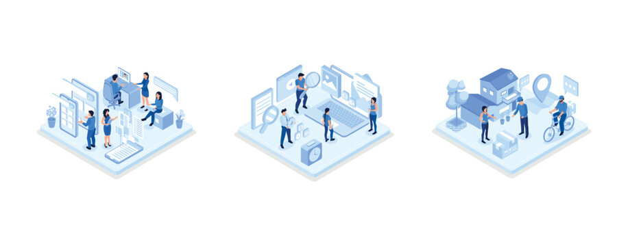 Development team at work concept, People team work together in web industry, Online Delivery Service Web Banner Template, isometric vector modern illustration
