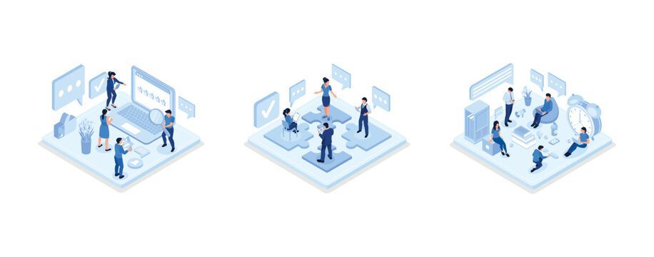 People Characters Giving Five Star Feedback, Teamwork concept with puzzle, People team work together, isometric vector modern illustration