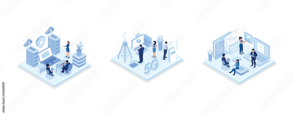Poster character connecting to data center and using cyber security services to protect personal data, peop