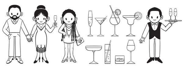 Big cocktail party set. Afro american women and men in pretty outfits. Various drinks. A waiter with champagne glasses. Isolated vector illustration in cartoon style.