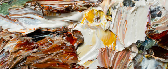 Macro. Abstract art. Expressive embossed pasty oil paints and reliefs. Colors: white,.beige, brown, orange, yellow.