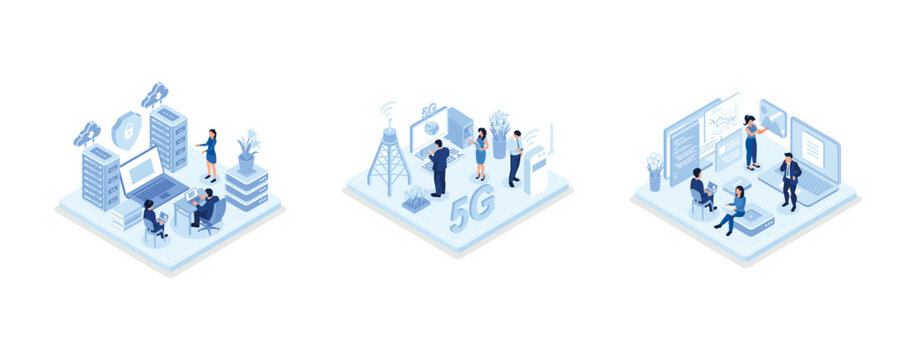 Character connecting to Data Center and using Cyber Security Services to Protect Personal Data, People Character Connecting Devices with New Generation 5g Technology Network, Developers Team Programmi