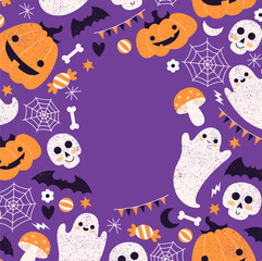 Cute halloween violet design template. Textured illustration of monsters. 