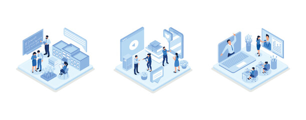 People characters developing software and sending data to cloud storage, Online education and e-learning concept, People characters having video call with teacher on laptop, isometric vector modern il