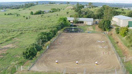 Aerial Drone Flyover Horse Training Arena On Australian Countryside Ranch