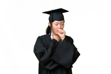 Young university graduate Asian woman over isolated background is suffering with cough and feeling bad