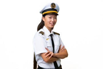 Airplane pilot Asian woman over isolated background with arms crossed and looking forward